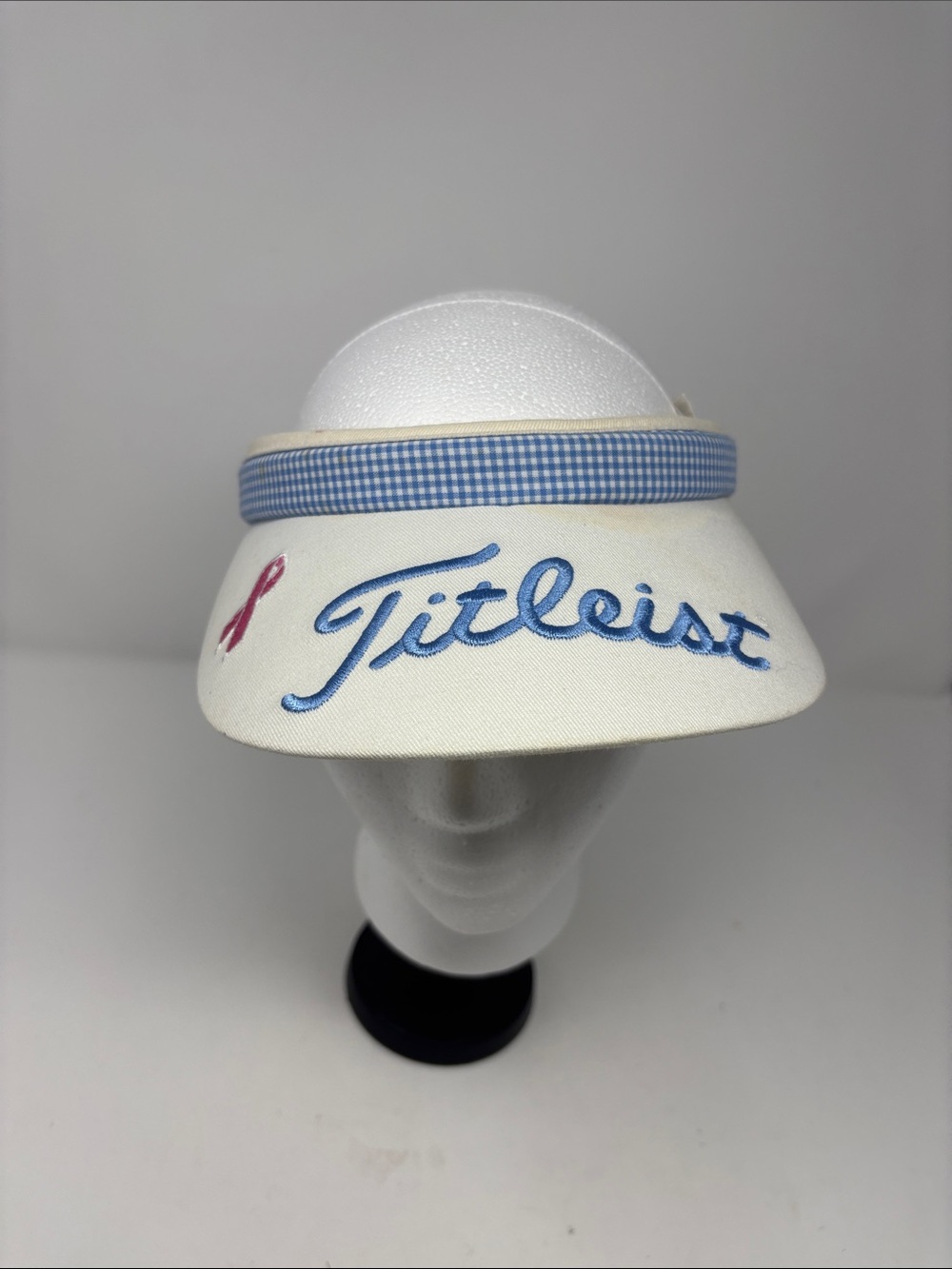 Titleist Kids White Visor with Blue Script and Pink Ribbon